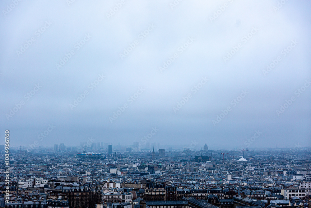 View to Paris in fog from Montmartre