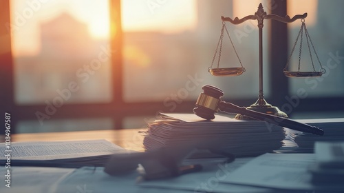 Justice Symbol with Gavel and Financial Reports