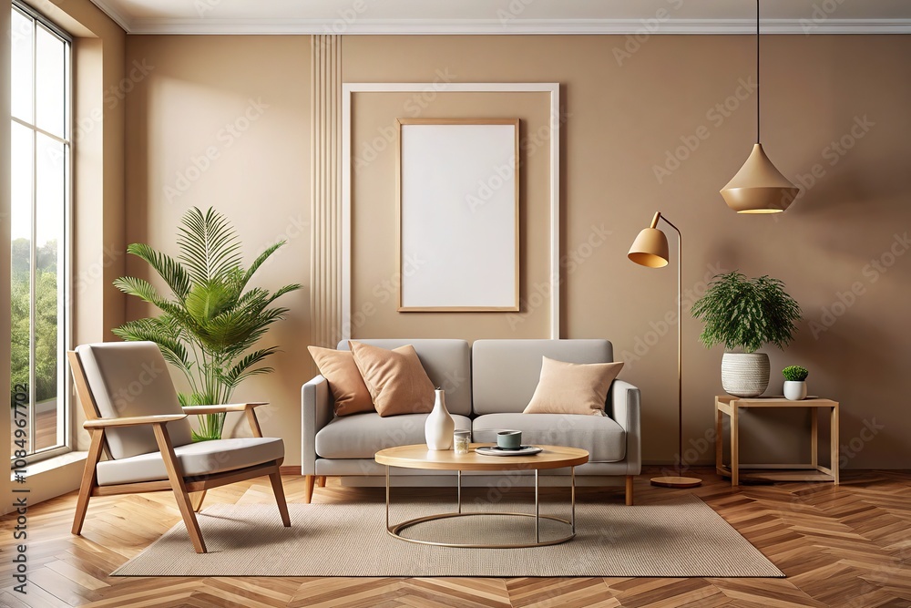 Fototapeta premium Beige Minimalist Interior with Panoramic Picture Frame Mockup and Furniture