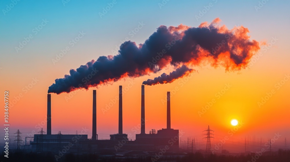 Industrial Sunset with Smoke Plumes from Tall Chimneys Industrial Sunset with Smoke Plumes from Tall Chimneys