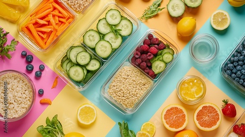 Wallpaper Mural Vibrant Array of Healthy Food Items in Glass Containers, Including Fresh Fruits and Vegetables, Showcased in a Stunning Flat Lay, Perfect for Meal Prep Enthusiasts with a Bowl of Quinoa or Rice and Le Torontodigital.ca