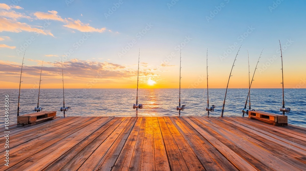 A picturesque sea fishing pier at sunset, Fishing rods lined up against the horizon, Coastal charm style