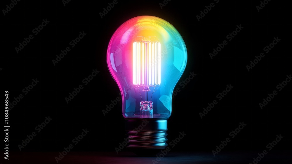 A colorful light bulb is lit up in a dark room A colorful light bulb is lit up in a dark room
