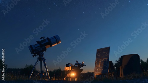 A pristine astronomy setup on a clear night, Telescopes and star charts meticulously arranged, Celestial observation style