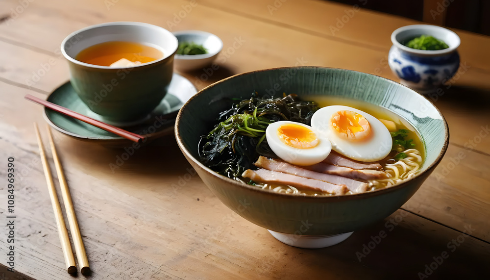 Delicious ramen bowl with soft-boiled eggs and seaweed on a wooden table Delicious ramen bowl with soft-boiled eggs and seaweed on a wooden table
