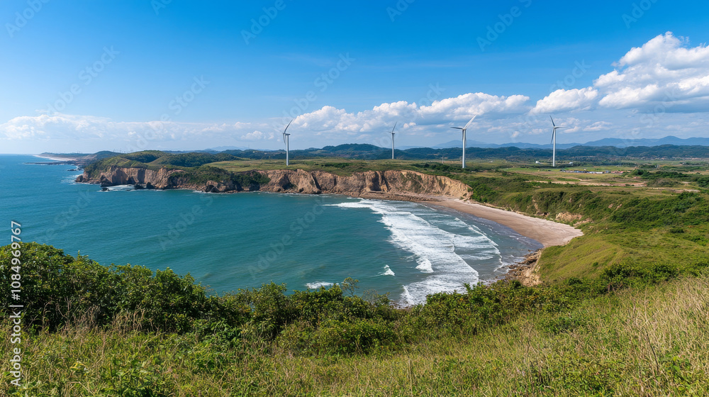 stunning coastal landscape featuring rolling hills, sandy beach, and wind turbines against bright blue sky. waves gently lap at shore, creating serene atmosphere stunning coastal landscape featuring rolling hills, sandy beach, and wind turbines against bright blue sky. waves gently lap at shore, creating serene atmosphere