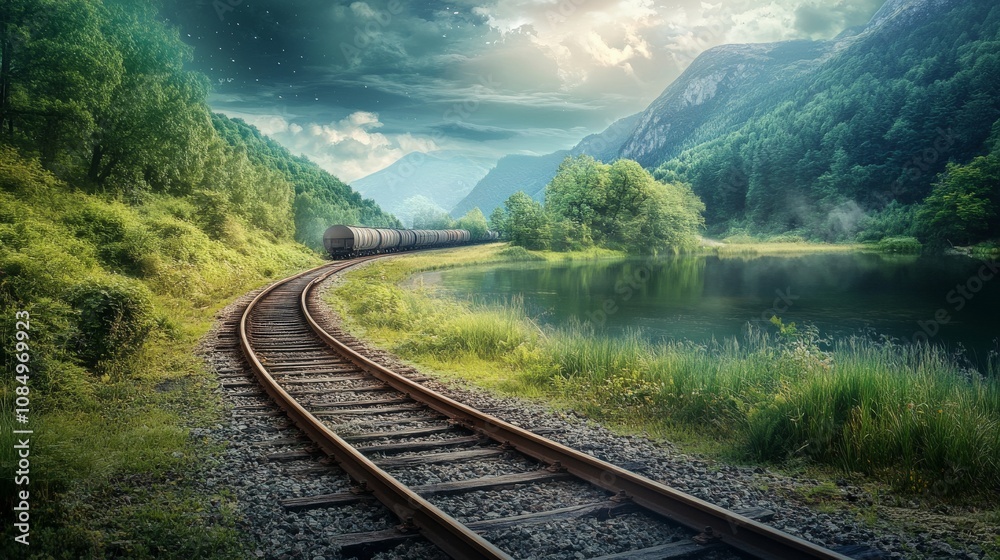Fototapeta premium Winding Railway Track Through Scenic Mountain Landscape
