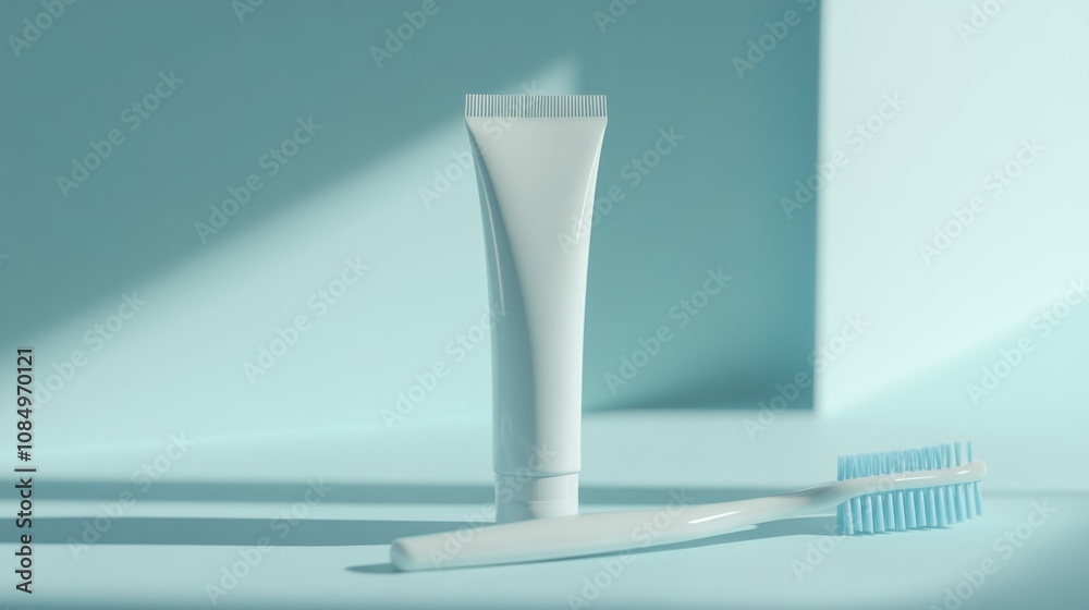 White Toothpaste Tube and Blue Toothbrush on a Light Blue Background White Toothpaste Tube and Blue Toothbrush on a Light Blue Background