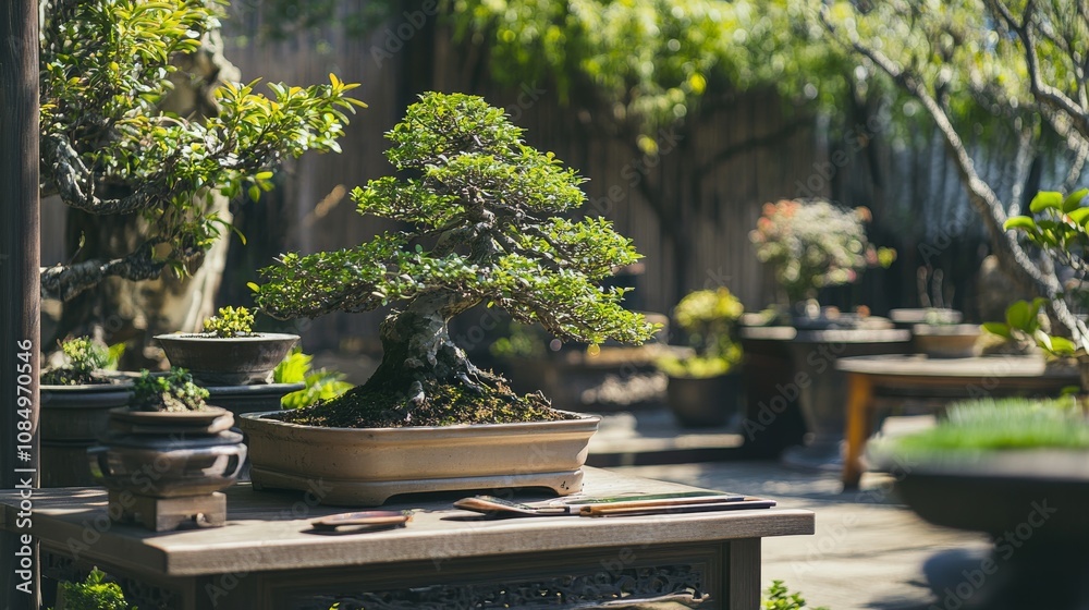 A pristine bonsai cultivation area in a tranquil garden, Bonsai tools and plants perfectly placed, Zen gardening style A pristine bonsai cultivation area in a tranquil garden, Bonsai tools and plants perfectly placed, Zen gardening style
