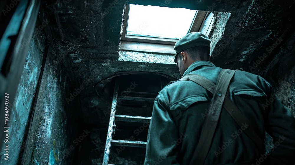 Soldier exploring a dark, abandoned building through a narrow ladder leading to a skylight in a war-torn area Soldier exploring a dark, abandoned building through a narrow ladder leading to a skylight in a war-torn area