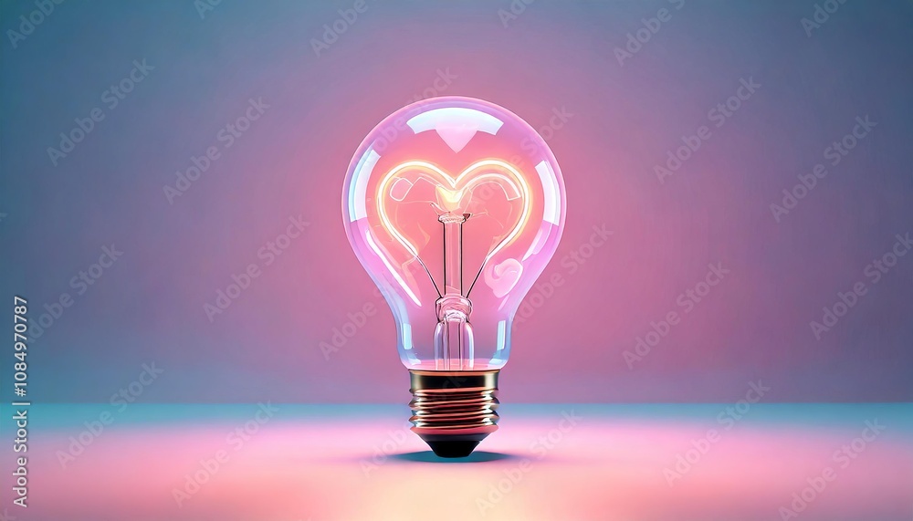 Heart-Shaped Neon Light Bulb on Colorful Background Heart-Shaped Neon Light Bulb on Colorful Background