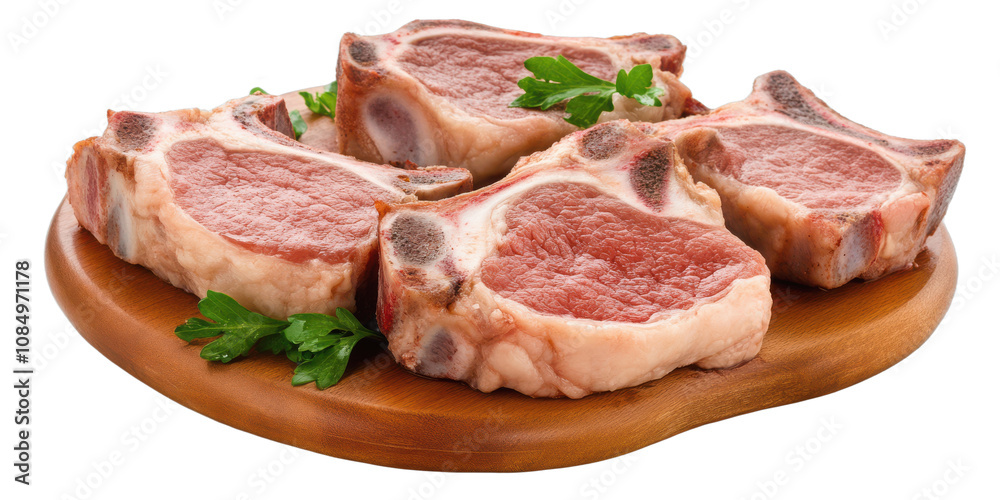 Fototapeta premium Raw Lamb Chops on Wooden Board on transparent background