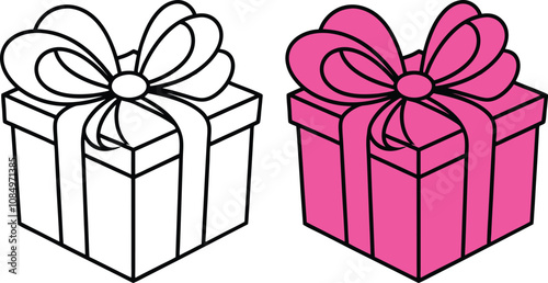Two Gift Boxes Outline and Pink, Present, Ribbon, Bow, Celebration