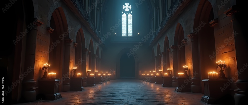 Spacious halls in the castle, gothic setting with candles, dark and creepy background Spacious halls in the castle, gothic setting with candles, dark and creepy background