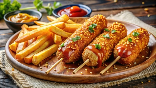 Crispy Korean Corn Dogs with French Fries - Illustration photo