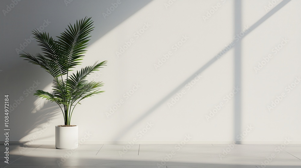 A minimalist interior featuring a potted plant beside a bright, white wall, with shadows creating a serene atmosphere. A minimalist interior featuring a potted plant beside a bright, white wall, with shadows creating a serene atmosphere.