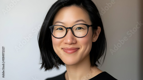 Confident and Approachable: Portrait of a smiling Asian woman with short black hair and glasses