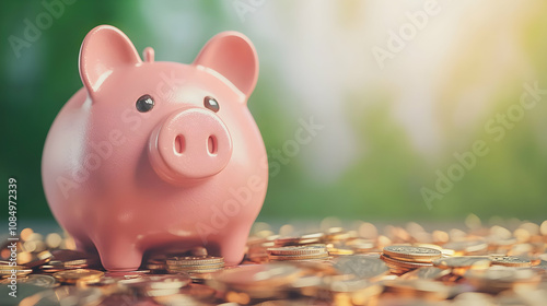 Pink Piggy Bank on Coins: A charming pink piggy bank sits amidst a pile of gleaming coins, symbolizing savings, financial security, and the growth of wealth.