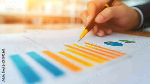 Analyzing the Data: A close-up shot of a hand meticulously analyzing financial charts and graphs, capturing the focus and concentration involved in strategic planning and decision-making.