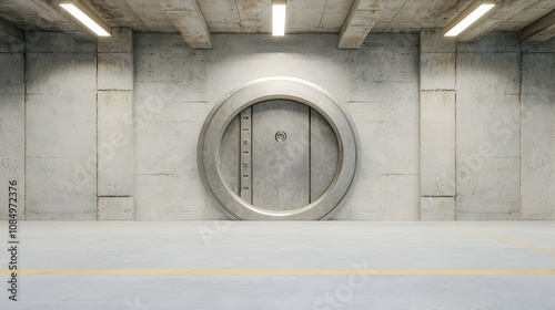 Concrete Vault: A stark, industrial setting featuring a massive, circular vault door in a concrete room, evoking themes of security, secrecy, and the allure of the unknown.