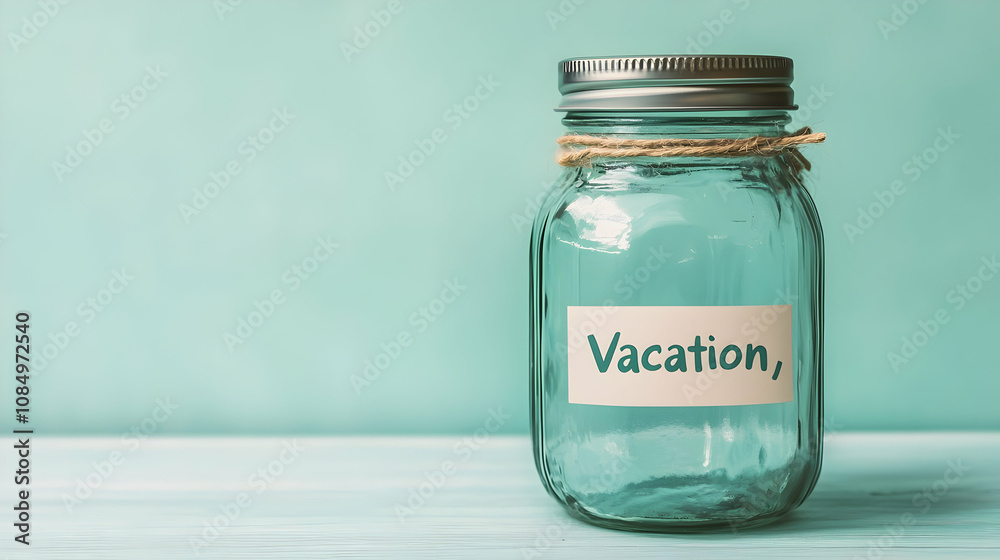 Saving for Vacation: A mason jar sits on a teal background, labeled Saving for Vacation: A mason jar sits on a teal background, labeled