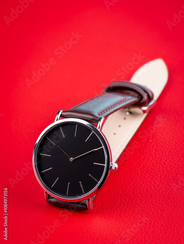 Close-up of brown leather men's watch in minimalist style on  red background photo