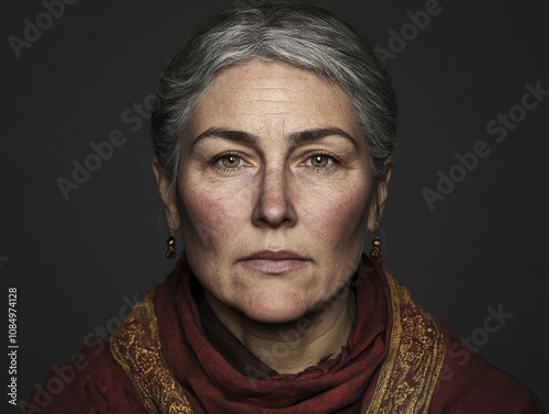 Realistic Portrait of a Middle-Aged Woman with Wrinkles and Eye Bags