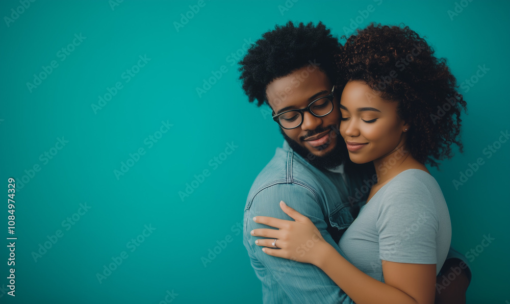African American couple hugging isolated on a teal background