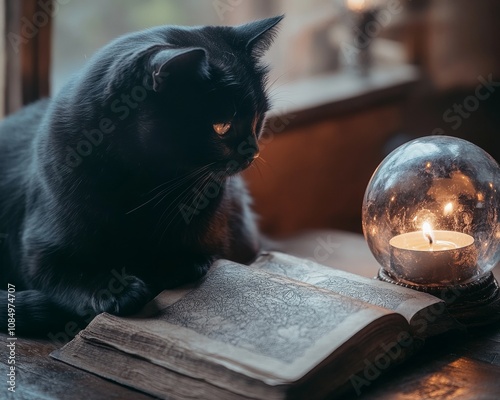 Enchanting Occult Day Black Cat with Crystal Ball and Spell Book in Candlelight Ambiance photo