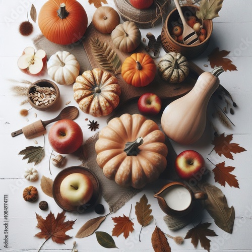 Autumn Harvest Pumpkins, Apples, Leaves, and Nuts Arrangement for thanksgiving background