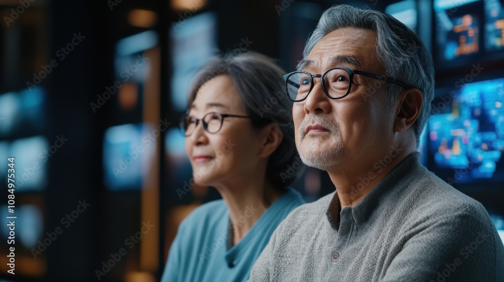 Thoughtful Senior Couple in Modern Workspace, Reflecting on their Accomplishments and Future Goals, Surrounded by Digital Displays and Soft Lighting
