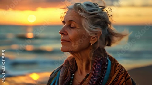 A peaceful woman enjoying a sunset by the ocean while reflecting on life, captured in serene tranquility