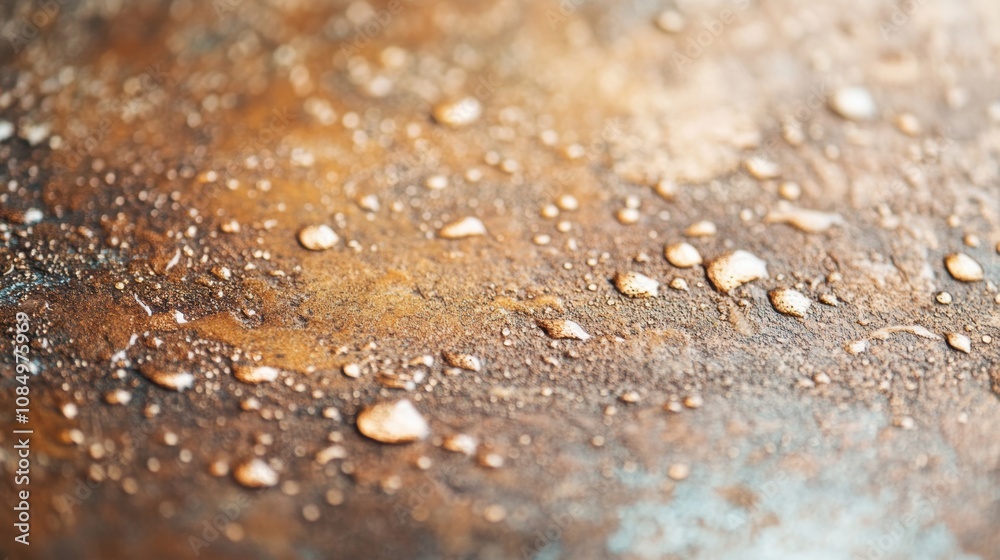 The surface features a rich copper texture adorned with water droplets that reflect light, enhancing visual interest and depth The surface features a rich copper texture adorned with water droplets that reflect light, enhancing visual interest and depth