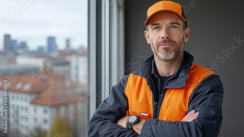 Contractor inspecting gutters on roof, panoramic view of city, professional gear, roofing repairman, gutter inspection, maintenance