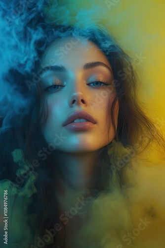 A striking portrait of a woman surrounded by vibrant blue and yellow smoke