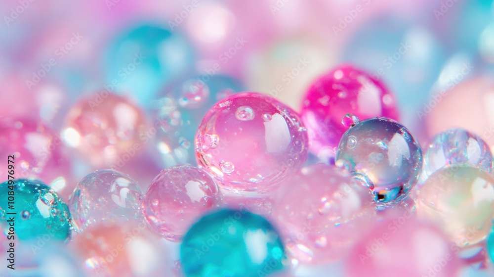 Colorful sugared droplets sparkle under soft lighting, creating an enchanting display of vibrant pastels and delicate textures across the surface