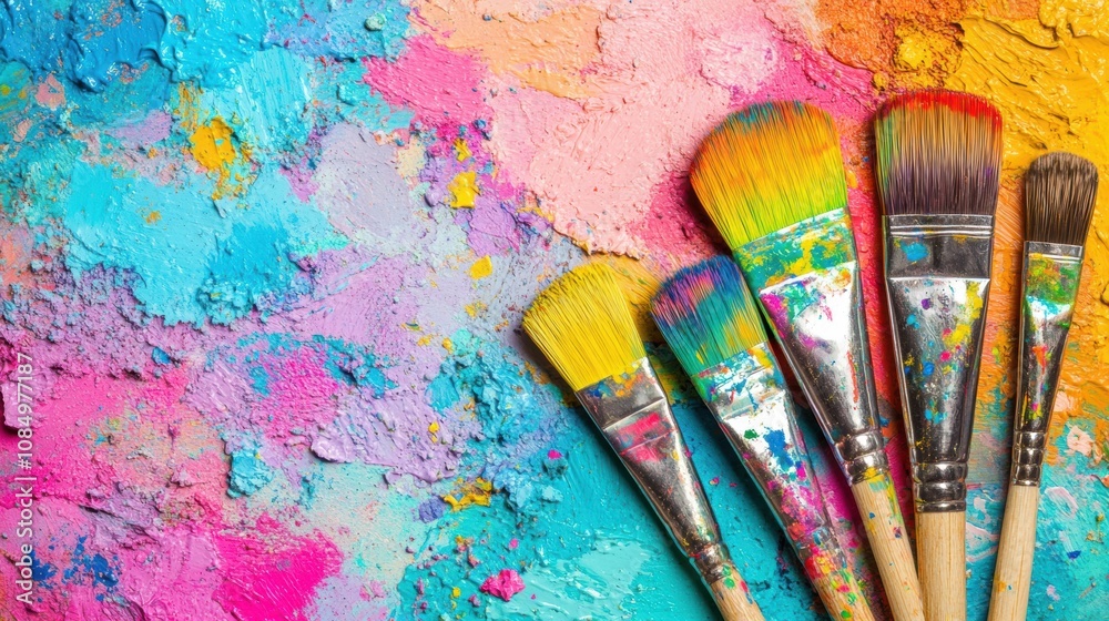 Obraz premium Brightly colored paint splatters and paintbrushes are arranged on a messy palette, showcasing an artistic workspace full of creativity