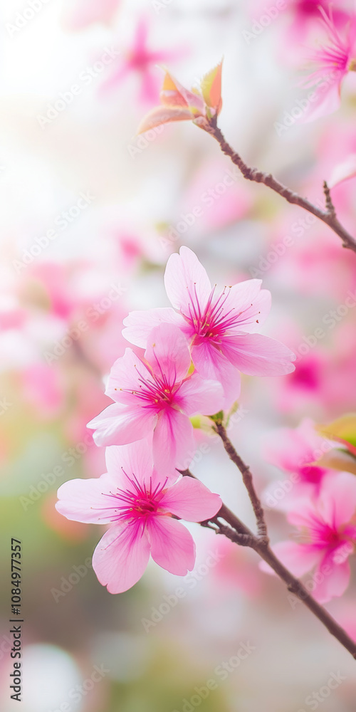 Soft pink cherry blossoms in sunlight on a delicate branch Soft pink cherry blossoms in sunlight on a delicate branch