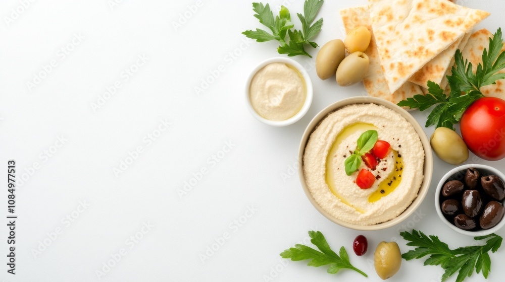 Fresh Mediterranean mezze platter viewed from above, beautifully presented. Fresh Mediterranean mezze platter viewed from above, beautifully presented.