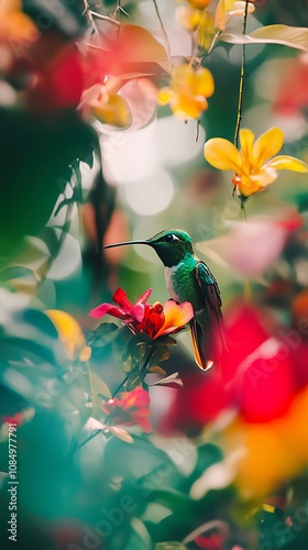 The Fierythroated Hummingbird is a two hummingbird bird with pink flowers photo