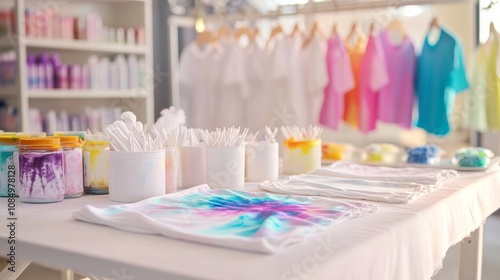 A pristine tie-dye station with white shirts and colorful dyes neatly arranged, A bright room with clean surfaces and natural light, Minimalist artistic style