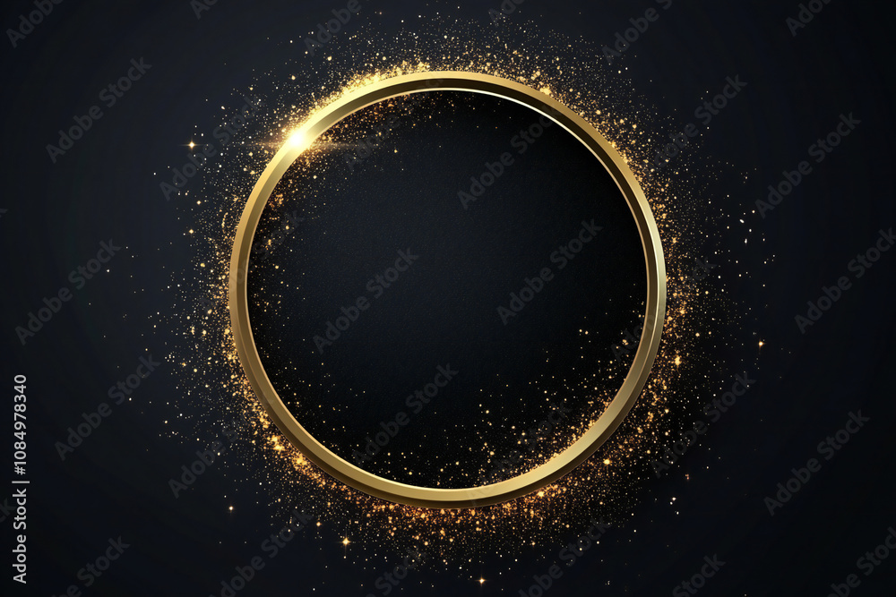 Glittering Golden Circle with Sparkling Particles and Luminous Aura on a Dark Background, Luxury Abstract Design Glittering Golden Circle with Sparkling Particles and Luminous Aura on a Dark Background, Luxury Abstract Design