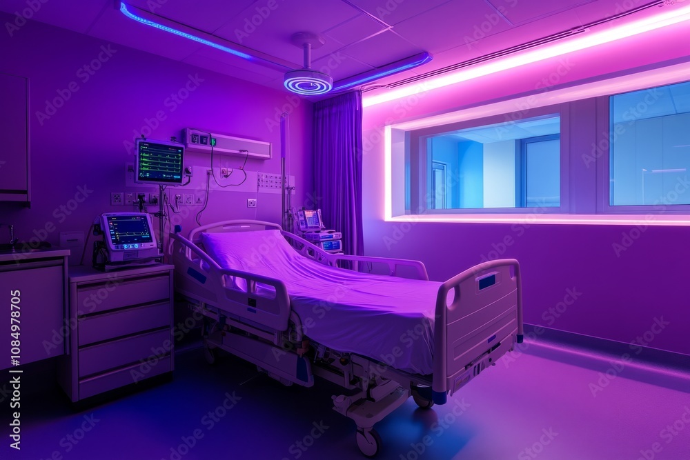 A modern hospital room with vibrant purple lighting and a comfortable bed. This space emphasizes healthcare innovation. The future of patient care is here. Generative AI A modern hospital room with vibrant purple lighting and a comfortable bed. This space emphasizes healthcare innovation. The future of patient care is here. Generative AI