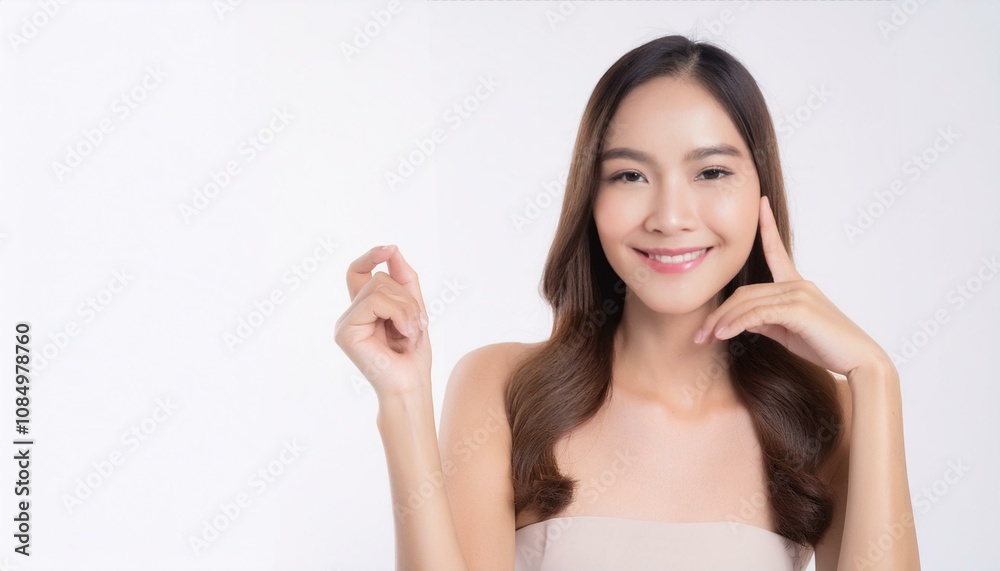 Radiant Beauty Portrait: A young woman with radiant skin and long brown hair smiles confidently, showcasing her natural beauty and healthy glow. Radiant Beauty Portrait: A young woman with radiant skin and long brown hair smiles confidently, showcasing her natural beauty and healthy glow.