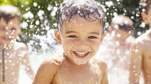 Kids are joyfully splashing water at each other on a sunny day, creating a playful atmosphere filled with laughter and excitement