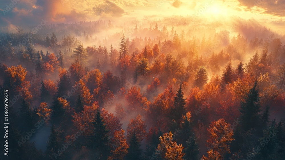 Aerial view of a misty forest at sunrise, with the sun shining through the trees and fog, creating a magical atmosphere.