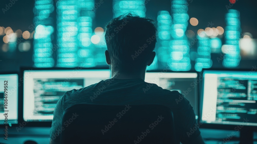 A programmer sits in a dimly lit office, focused on multiple glowing monitors while working late into the night A programmer sits in a dimly lit office, focused on multiple glowing monitors while working late into the night