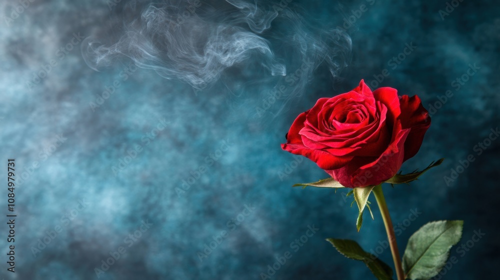 The vibrant red rose stands tall as swirling smoke elegantly envelops it against a dark, mysterious backdrop The vibrant red rose stands tall as swirling smoke elegantly envelops it against a dark, mysterious backdrop