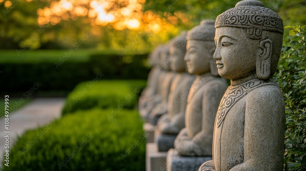 A serene garden scene featuring stone Buddha statues lined along a pathway, surrounded by lush greenery and soft evening light. A serene garden scene featuring stone Buddha statues lined along a pathway, surrounded by lush greenery and soft evening light.