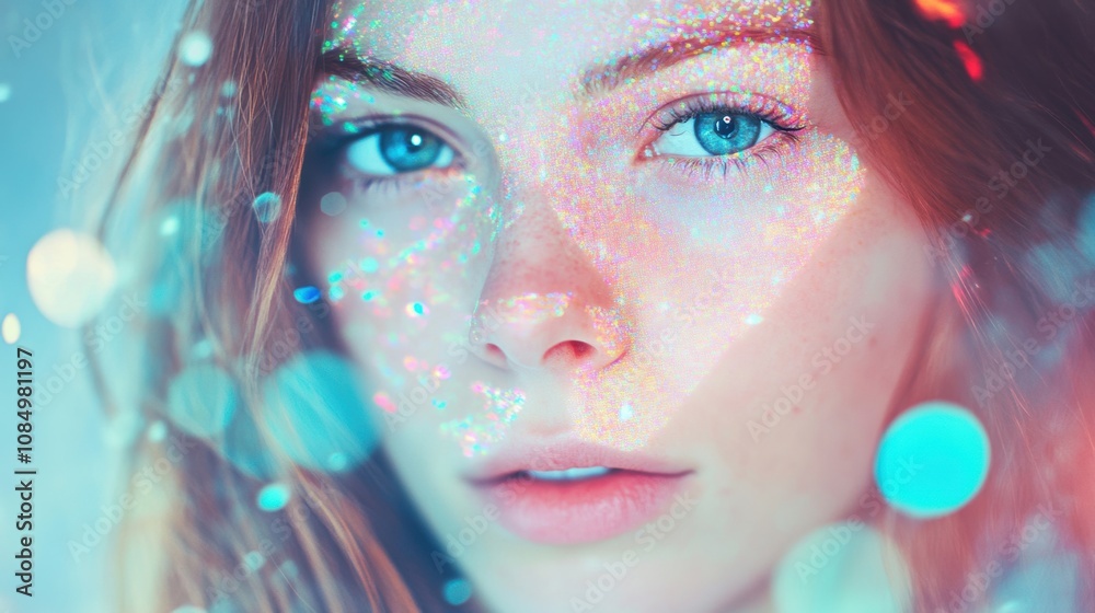 The young woman presents a holographic credit card, surrounded by vibrant colors and glowing effects, showcasing modern technology indoors The young woman presents a holographic credit card, surrounded by vibrant colors and glowing effects, showcasing modern technology indoors